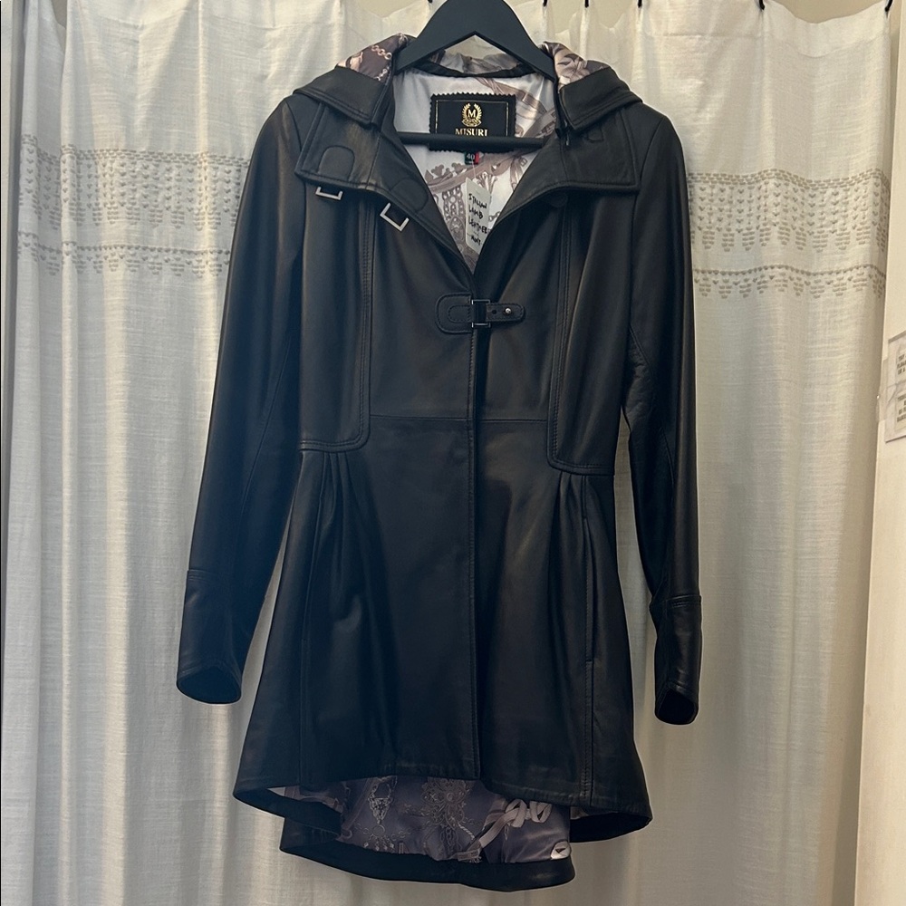 MISURI FIRENZE Black LAMB LEATHER REMOVABLE HOOD JACKET *size S *MINT